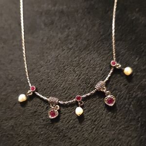 Vintage 1928 Faux Pearl and Red Gemstone Necklace